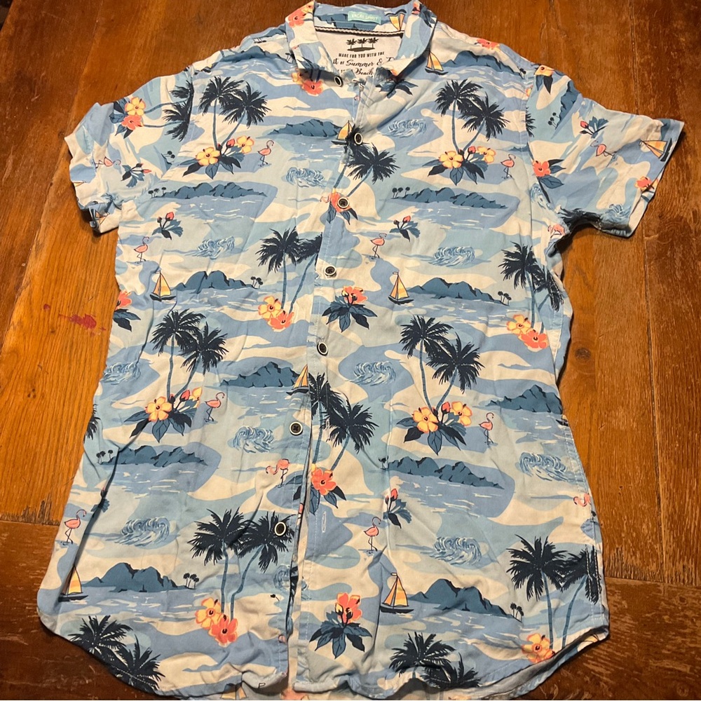 Vacay Spirit Hawaiian Style Beach Blue Shirt Men's Sz S Palm Trees Flamingos